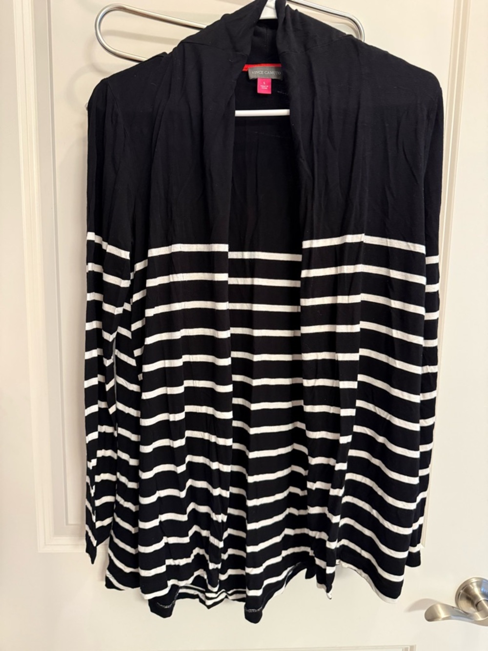 Vince Camuto Black and White Striped Open Cardigan